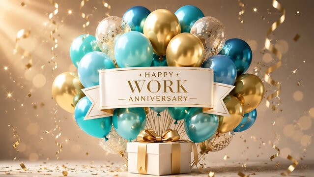 Gold and teal balloons with happy work anniversary banner and gift blue
