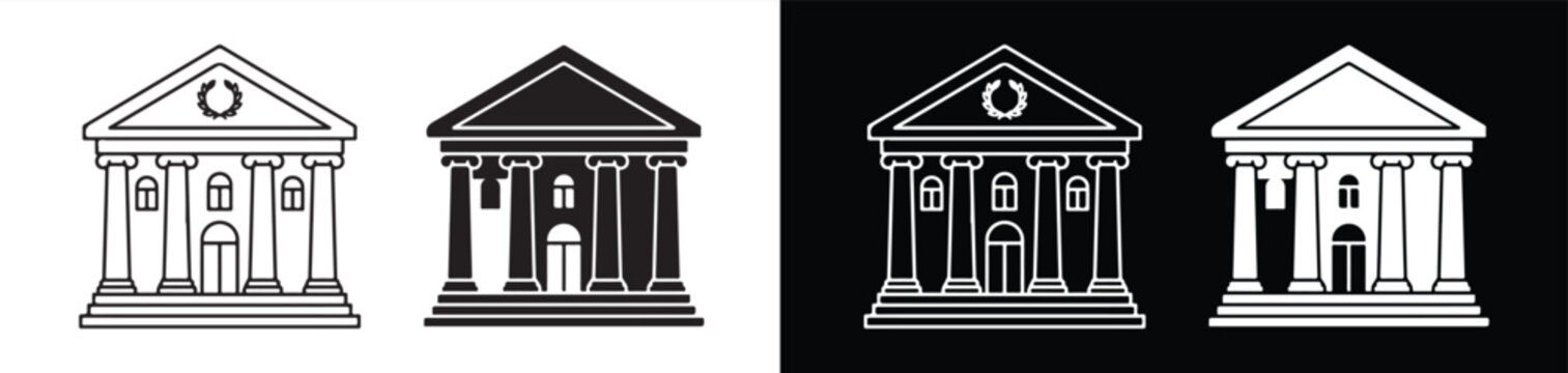 Neoclassical architectural building icons featuring columns and triangular pediments in white line art style