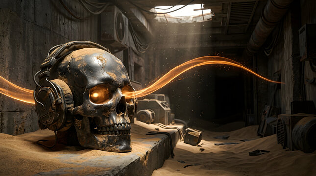 Dark futuristic cyber-audio artwork with a skull-inspired sound concept, dramatic neon lighting, industrial atmosphere and cinematic 3D detail. AI Generated.
