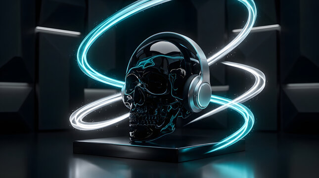 Dark futuristic cyber-audio artwork with a skull-inspired sound concept, dramatic neon lighting, industrial atmosphere and cinematic 3D detail. AI Generated.