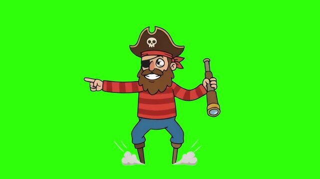 A classic 2D cartoon pirate captain with an eye patch and tricorn hat holding a spyglass telescope while pointing forward, isolated on a solid green chroma key background. Great for treasure hunt anim