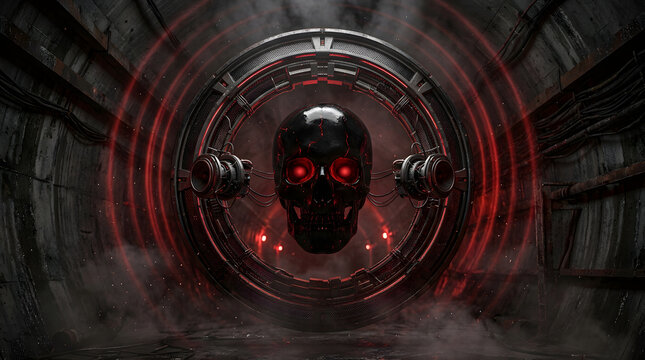 Dark futuristic cyber-audio artwork with a skull-inspired sound concept, dramatic neon lighting, industrial atmosphere and cinematic 3D detail. AI Generated.