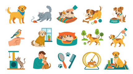 Fototapeta premium Happy Pets: Dogs and Cats Playing, Grooming, and Being Cared for - Flat Vector