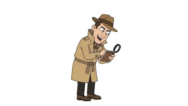 A focused 2D cartoon detective in a classic trench coat and hat inspecting evidence with a magnifying glass while writing notes, isolated on a clean white background. Ideal for mystery-solving explain
