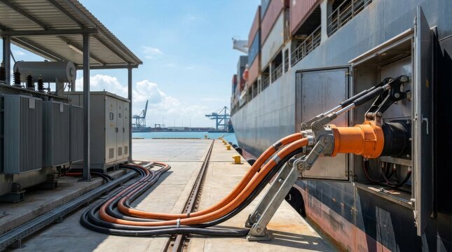 Large cargo ship connected to shore power cables at port facility for zero emission with power cable