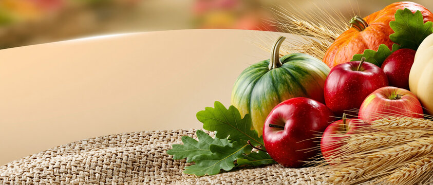 Colorful assortment of fresh fruits and vegetables including apples, pumpkins, and wheat arranged on a burlap surface with a soft blurred background