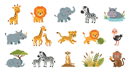 Fototapeta premium Cute Cartoon Safari Animals Flat Vector Illustration - Wildlife Zoo Kids