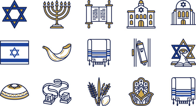 Jewish holidays and Hanukkah icons set featuring menorah star of david torah scroll synagogue shofar and kippah,