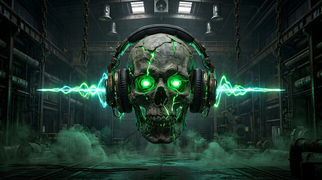 Dark futuristic cyber-audio artwork with a skull-inspired sound concept, dramatic neon lighting, industrial atmosphere and cinematic 3D detail. AI Generated.