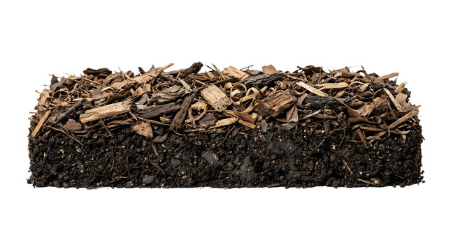 Soil cross section block with organic compost and wood chips.