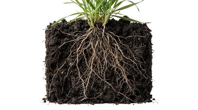 Soil cross section with grass and roots isolated on white.