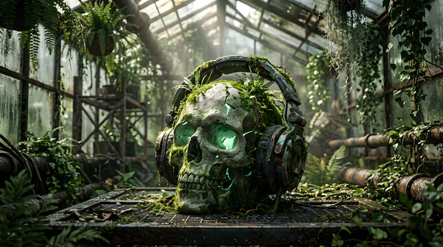 Dark futuristic cyber-audio artwork with a skull-inspired sound concept, dramatic neon lighting, industrial atmosphere and cinematic 3D detail. AI Generated.