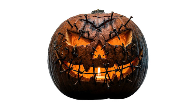 Spooky carved Halloween pumpkin with scary face glowing inside.