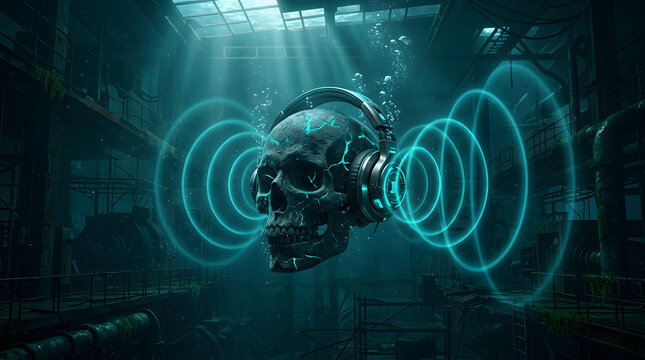 Dark futuristic cyber-audio artwork with a skull-inspired sound concept, dramatic neon lighting, industrial atmosphere and cinematic 3D detail. AI Generated.