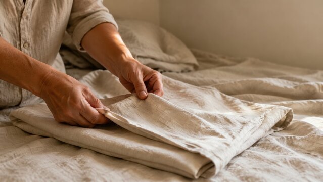 Hands Folding Neutral Linen Bedding Sheet on Bed for Home Organization and Fabric Care Concept