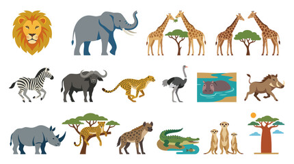 Fototapeta premium Flat Vector African Safari Animals and Wildlife Collection