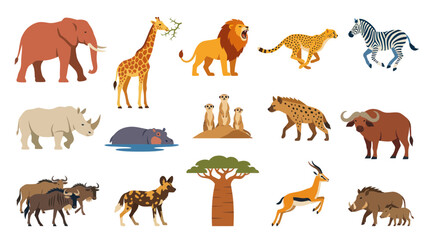 Fototapeta premium Flat Vector African Wildlife Animals Set - Elephant, Lion, Giraffe, Zebra