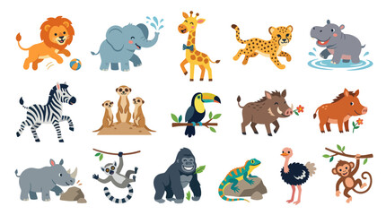 Fototapeta premium Adorable Flat Cartoon African Safari Wild Animals Vector Set for Kids Wildlife Illustration