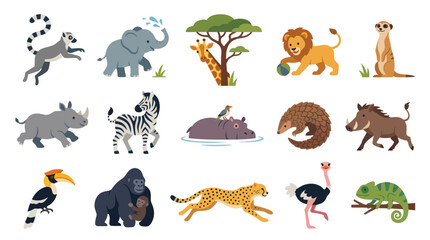 Fototapeta premium Cute Flat Cartoon African Safari Animals Vector Set. Wildlife Collection of Diverse Characters.