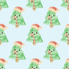 Fototapeta premium Seamless Pattern of Children's Style Christmas Tree wearing Santa's Hat