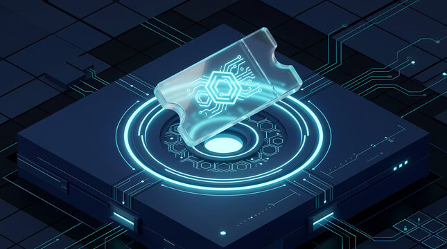 Isometric 3d render of glowing glass digital ticket hovering on futuristic circuit platform