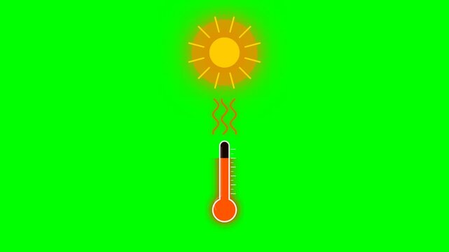 Bright sun and thermometer on green background.
