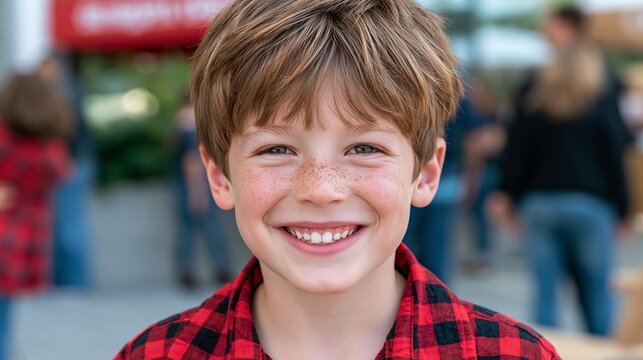 Smiling young boy with freckles wearing red plaid shirt outdoors in front of blurred crowd and building background