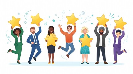 Fototapeta premium Diverse group of happy professionals holding golden star awards with achievement