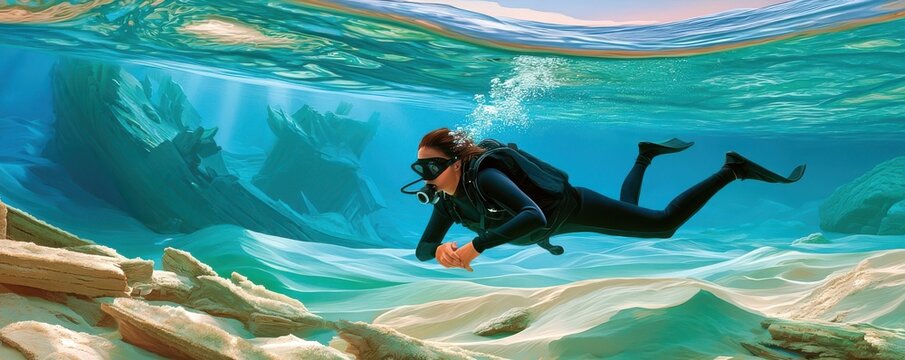 Scuba diver exploring sunlit underwater seascape with sandy ripples and turquoise water