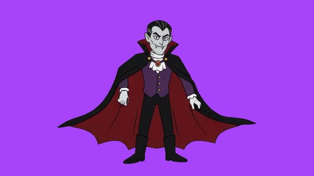 A classic 2D cartoon vampire Count Dracula wearing a black high-collared cape with a red lining, set against a smooth purple studio backdrop. Ideal for Halloween promotions, gothic animations, spooky 