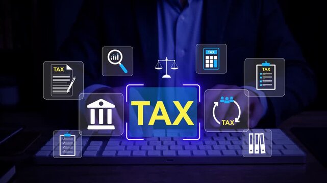 Income Tax Calculation and Tax Return Preparation with Financial Management and Accounting, Businessman calculates taxes using calculator and laptop. Icons related to finance, tax documents, and savin