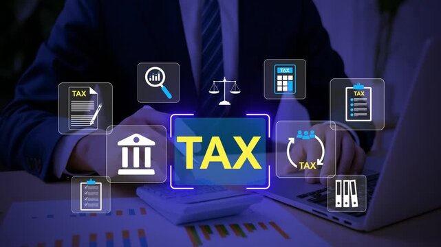 Income Tax Calculation and Tax Return Preparation with Financial Management and Accounting, Businessman calculates taxes using calculator and laptop. Icons related to finance, tax documents, and savin