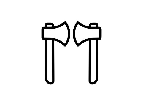 Minimalist crossed axes icon, black line art hatchet vector, symmetrical woodcutting tools for camping and outdoor logos