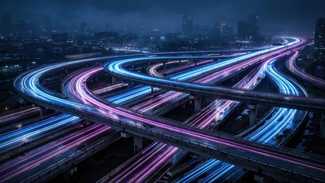 A futuristic city highway interchange at night, illuminated by vibrant blue and purple light trails