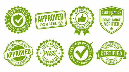 Green certification approved stamp and seal set, quality assurance icons, product validation, compliance symbols, standards met © Mr icons