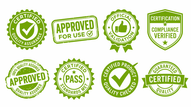 Green certification approved stamp and seal set, quality assurance icons, product validation, compliance symbols, standards met