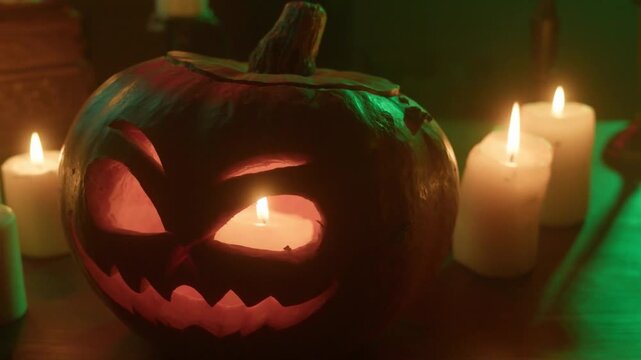 head jack o lantern pumpkin on rotating surface with creepy carved face glowing on dry leaves, garlands during Halloween holiday. wooden background. dramatic lighting. burning candles. scary horror