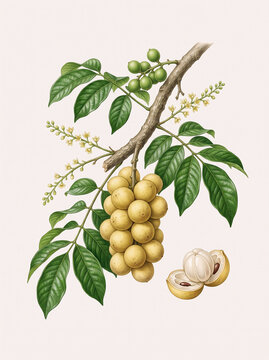 Detailed botanical illustration of a tropical fruit-bearing branch with clusters of small yellow fruits, green leaves, flowers, and a sliced fruit showing its interior. Suitable for botanical educatio