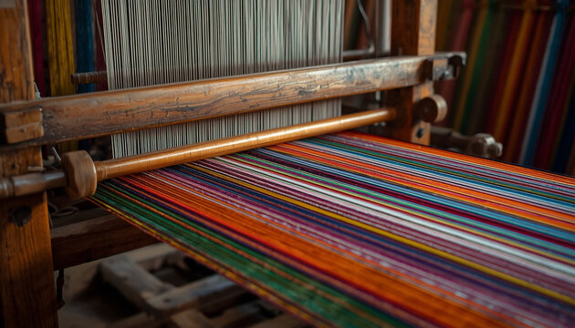 Traditional wooden handloom machine weaving vibrant colorful cotton fabric in rural village cottage industry
