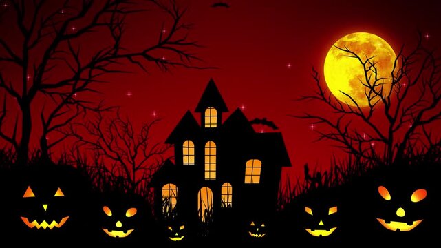 Halloween Horror Scary Haunted Castle with Pumpkin Scenery Background Video Animation Footage. red sky blood colored. Spooky home on halloween night. Haunted house in night scary forest Woods. zombie