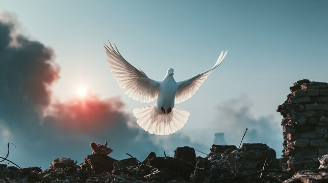 Conceptual image of a white dove flying gracefully over dark smoky war ruins into a bright clear blue sky, symbol of peace, freedom, and end of conflict.
