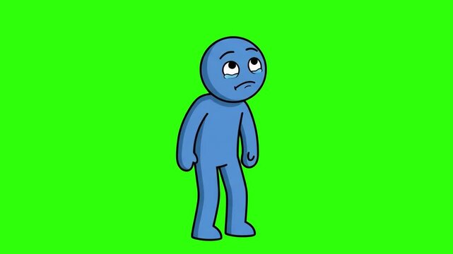 A simple 2D blue avatar character looking up with a tearful, sad facial expression, isolated against a bright chroma key green screen background. Designed for emotional storytelling, mental wellness c