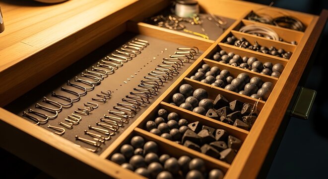 Organized wooden drawer filled with metal fishing sinkers and weights