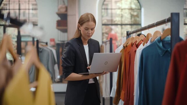 Clothing Store Shopping. Focused Female Retail Operations Manager Walks the Sales Floor Holding Laptop, Checking the Merchandise Assortment and Logging Stock Counts Into the Digital System.