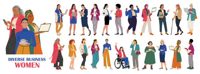 Fototapeta premium Diverse women in business attire stand together. Each figure shows confidence or cheerful engagement. Some hold laptops, tablets, or notebooks. They represent varied backgrounds and styles