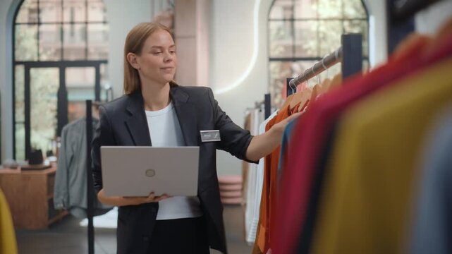 Clothing Store Shop Manager, Smiling Caucasian Woman Walks the Sales Floor Holding an Open Laptop, Checking Merchandise on Rails and Typing Notes in a Bright Boutique.