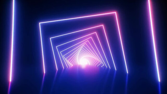 Blue purple pink triangles pyramids zooming triangles shape neon Lights motion loop lines sticks lamps fluorescent stage podium show motion draws and beautiful lights background linear lamp. geometric