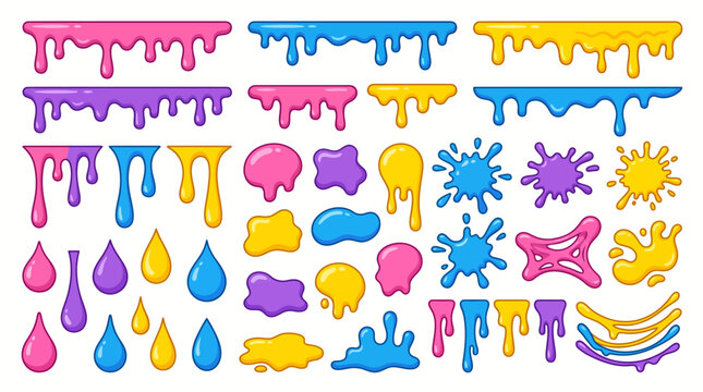 Colorful slime drips and paint splashes set. Vibrant liquid droplets and melting goo borders. Cartoon splatter elements for creative design.
