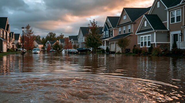 Dramatic wide shot of a flooded suburban neighborhood street with muddy brown water surrounding modern houses and submerged cars, natural disaster flood impact.