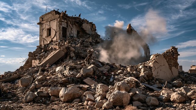 Dramatic wide shot of a collapsed concrete building exterior after a major earthquake, piles of urban rubble and cracked walls, natural disaster and destruction concept.